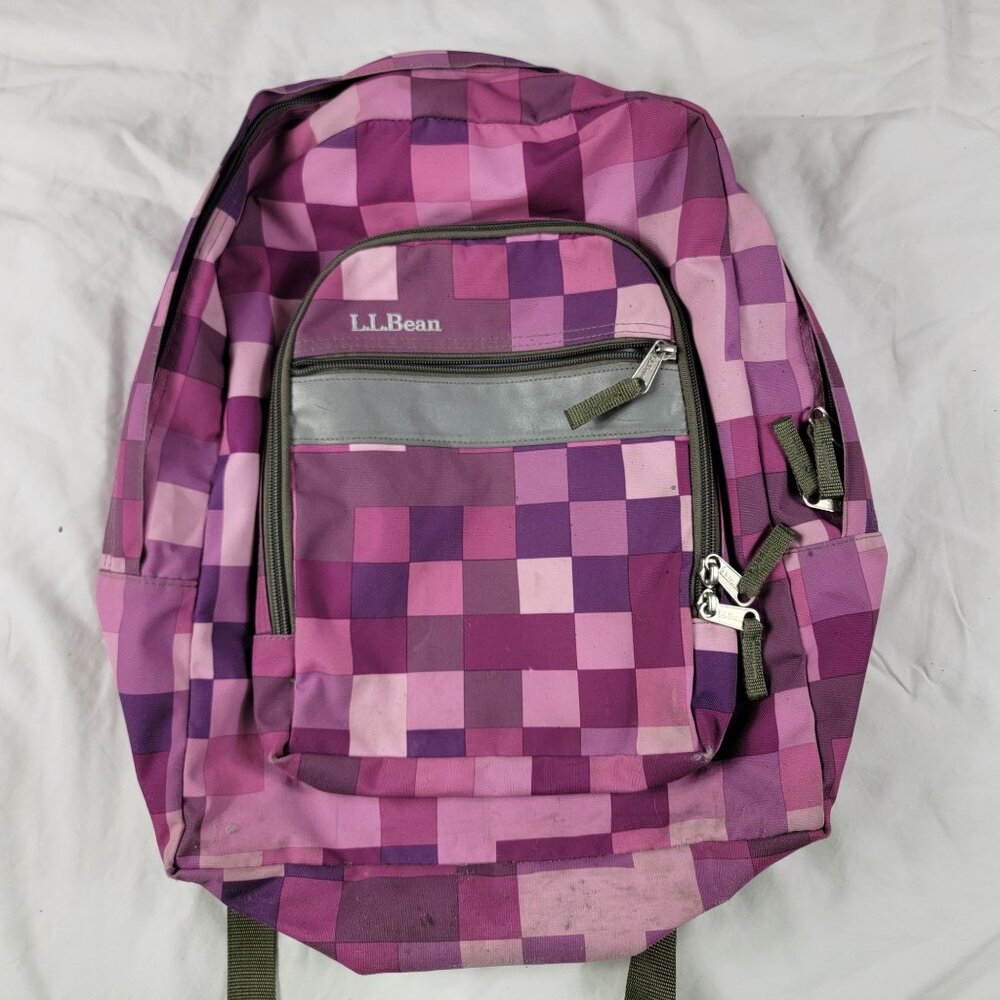 LL Bean Pink Purple Checkered Backpack School College Outdoor Casual